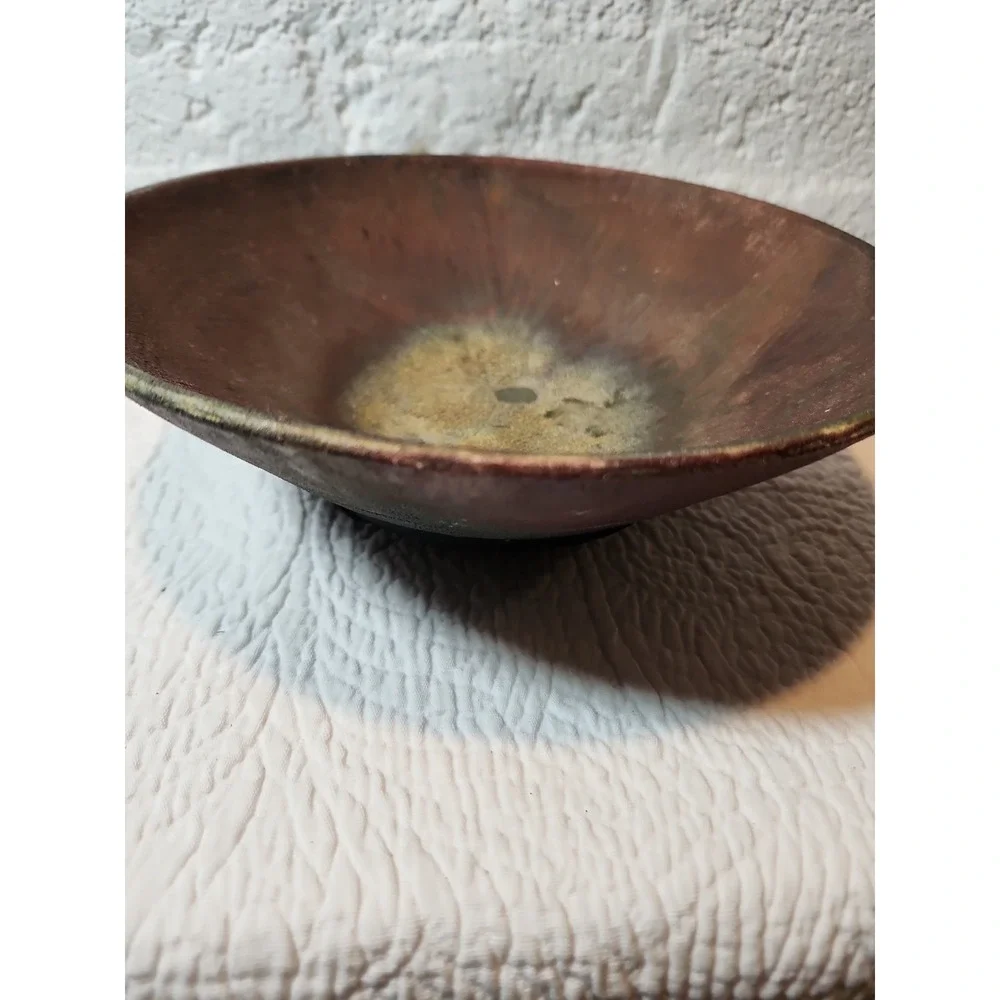 Large Raku Fired Centerpiece Bowl. Copper and Green Hues. Makers Mark. 9